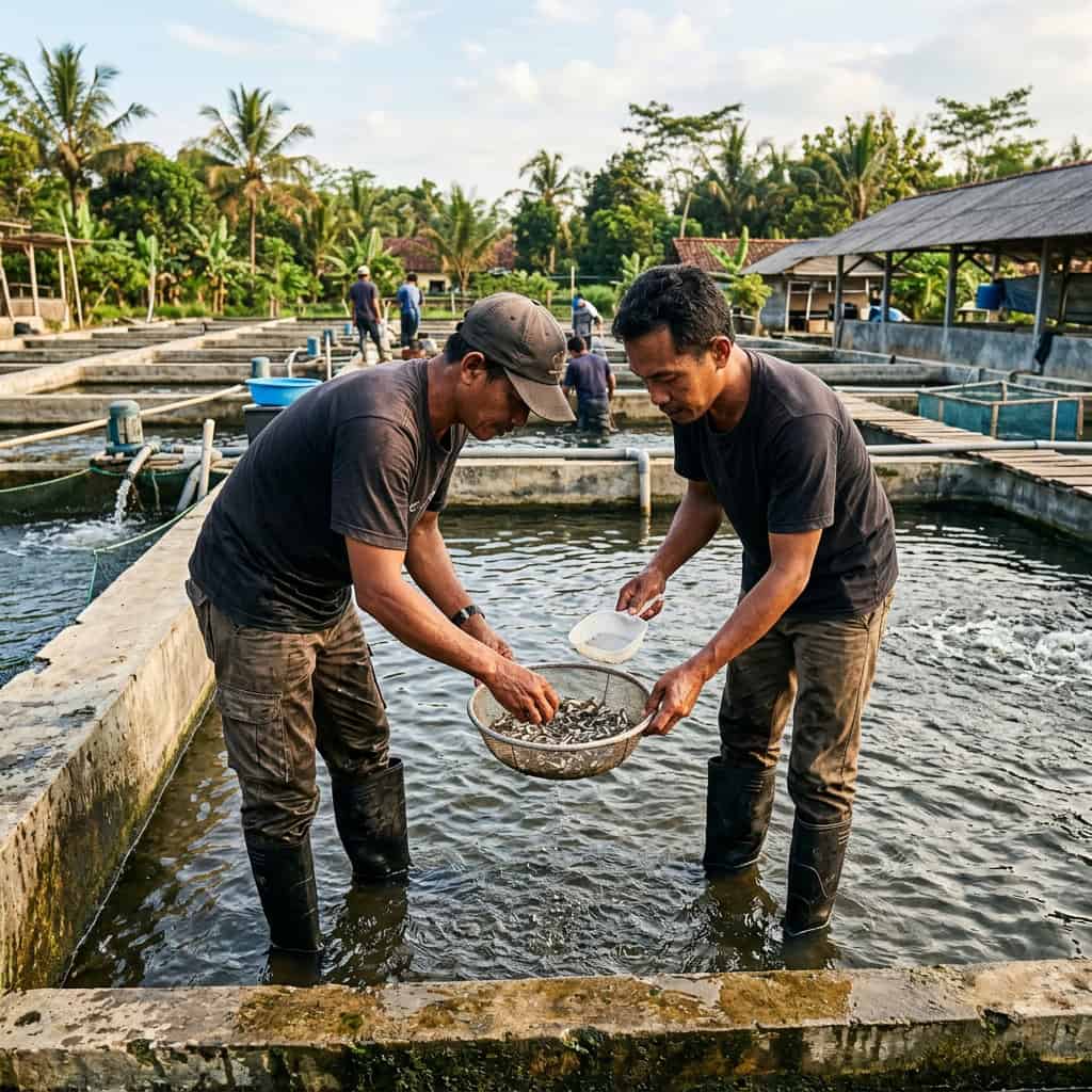 Tim Ashi Farm di kolam pembenihan ikan