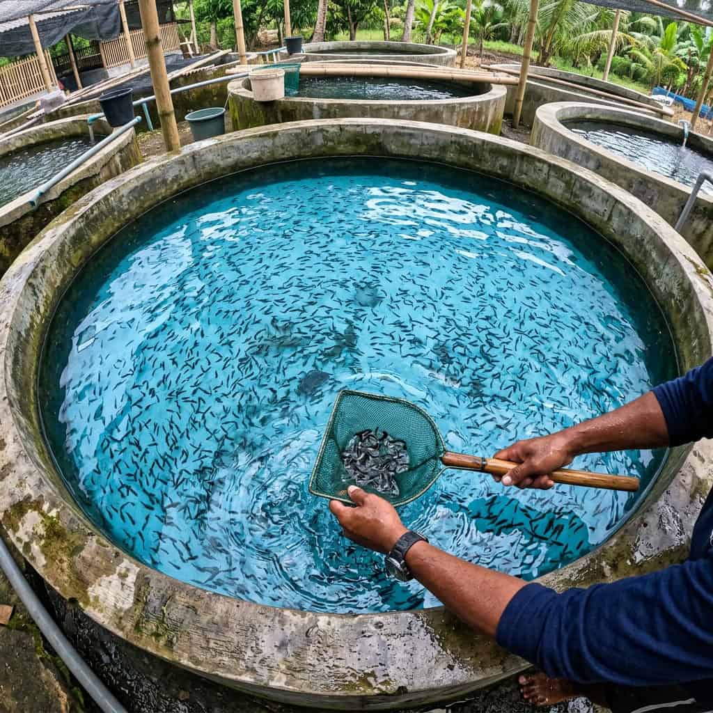 Proses panen benih ikan di kolam Ashi Farm