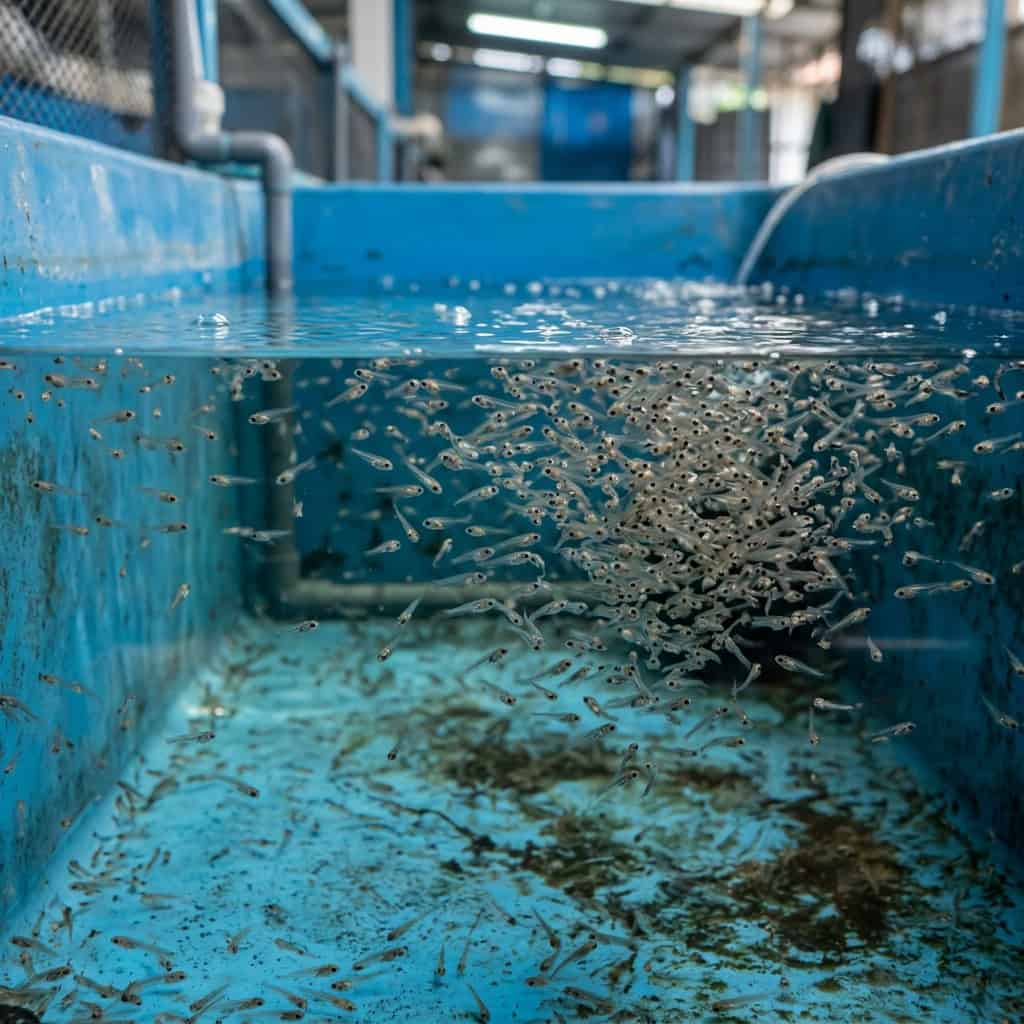 Larva benih ikan fry di tank penetasan