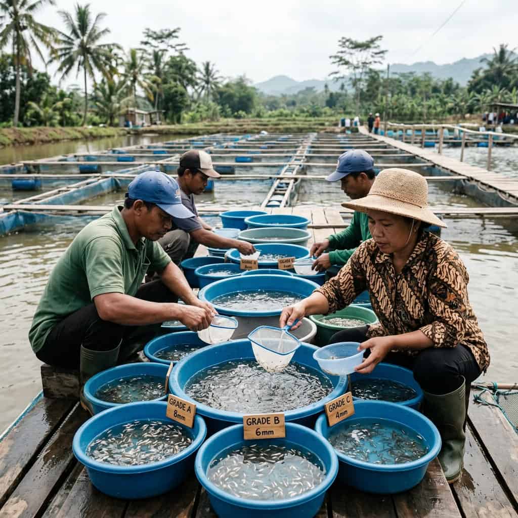 Tim Ashi Farm menyeleksi benih ikan