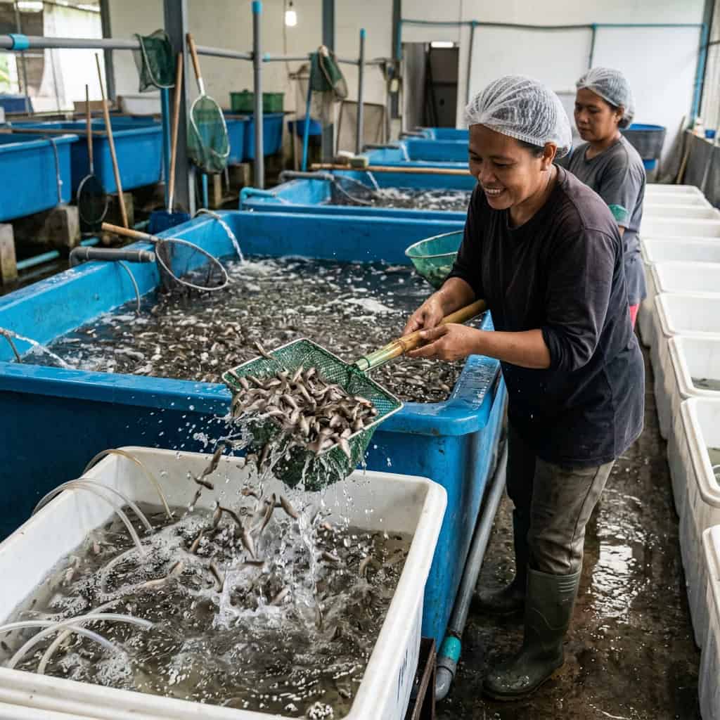 Transfer benih ikan hasil seleksi ke kontainer