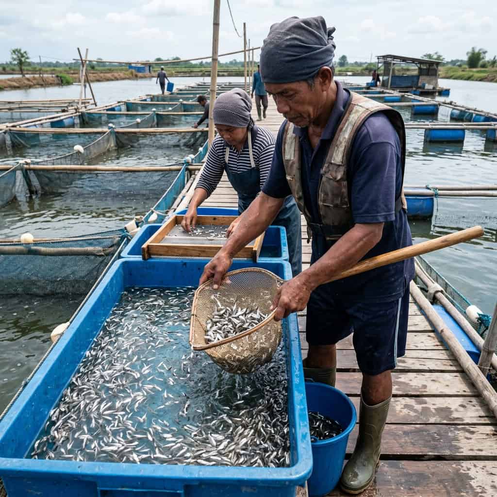 Proses sortir benih ikan berdasarkan ukuran